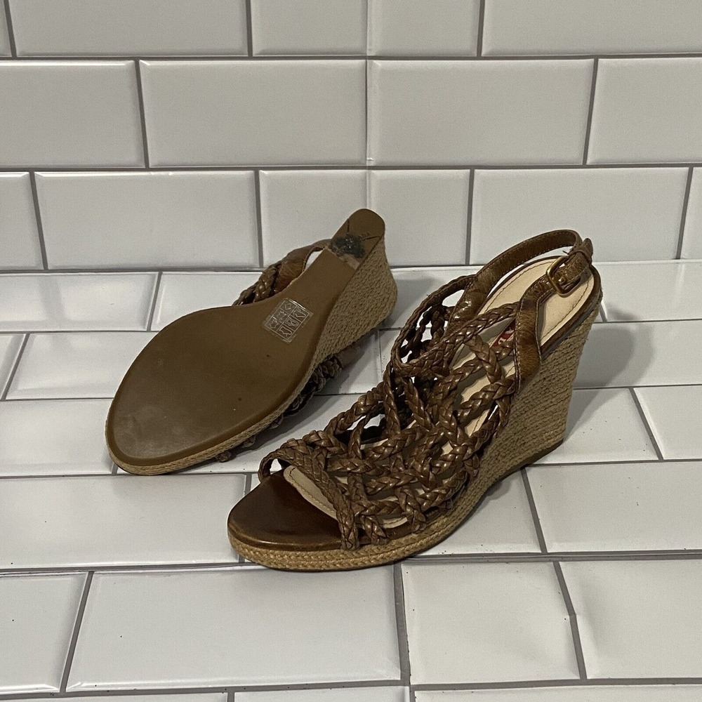 Prada Sandals Wedge Platform Brown Leather Ankle-Strap Woven Women's Size 37 7 - Picture 2 of 9